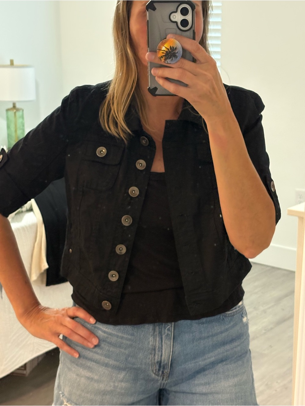 Black Cropped Jean Jacket - Women's Short Sleeve Button Front
